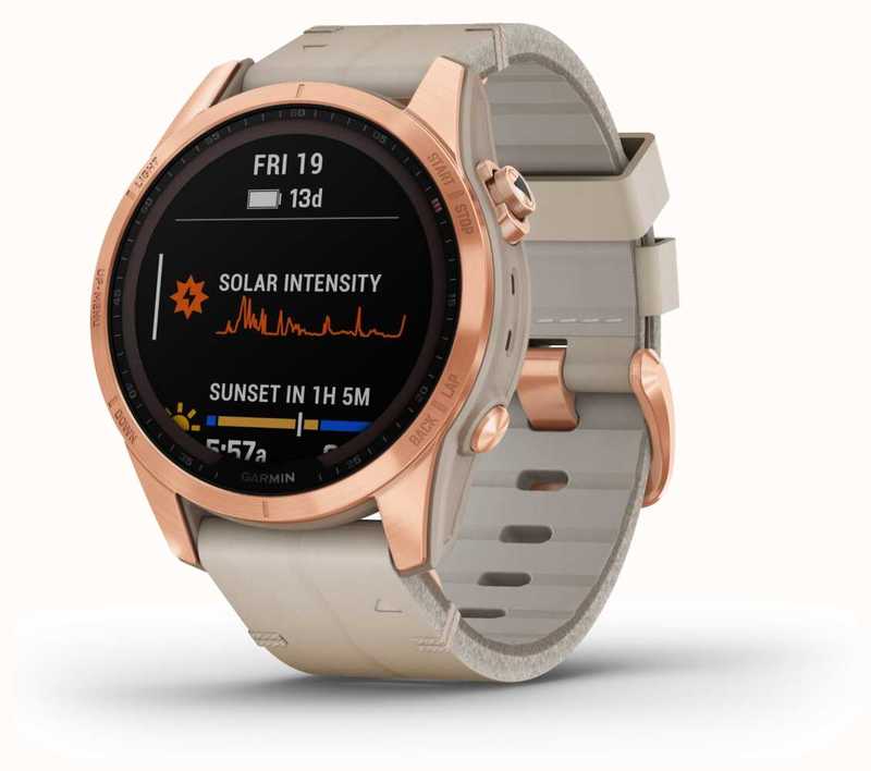 Смарт-часы Garmin Fenix 7S Solar Sapphire Titanium золотистые + бежевый ремешок