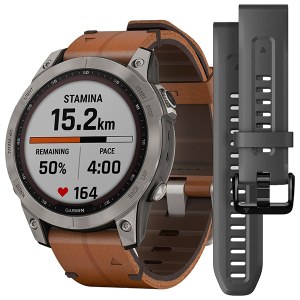 Смарт-часы Garmin Fenix 7 Pro 47mm Sapphire Solar Edition Titanium with Chestnut Leather Band + Dual-colour Silicone Band