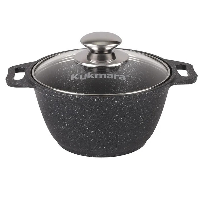 Кастрюля Kukmara 1 л с антипригарным покрытием (темный мрамор) + стеклянная крышка