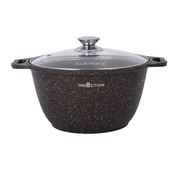 Кастрюля Kukmara 3 литра с стеклянной крышкой антипригарное линия Marble Induction Кофейный мрамор