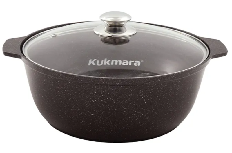 Кастрюля жаровня Kukmara 5 литров диаметр 28см со стеклянной крышкой антипригарное пократие кофейный мрамор