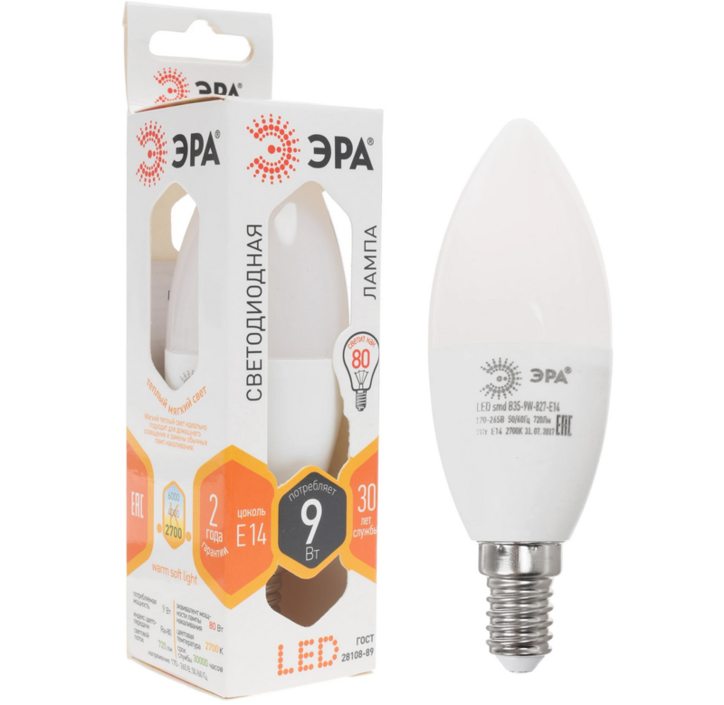 Лампа светодиодная Эра LED smd B35-9w-827-E14