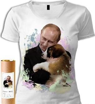 Футболка женская "Путин с собачкой" белая, в тубусе, M (44-46)